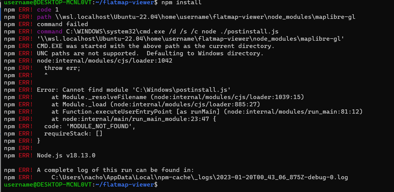 Figure 12: Failed installation of npm, most likely due to an incompatible version of Nodejs.