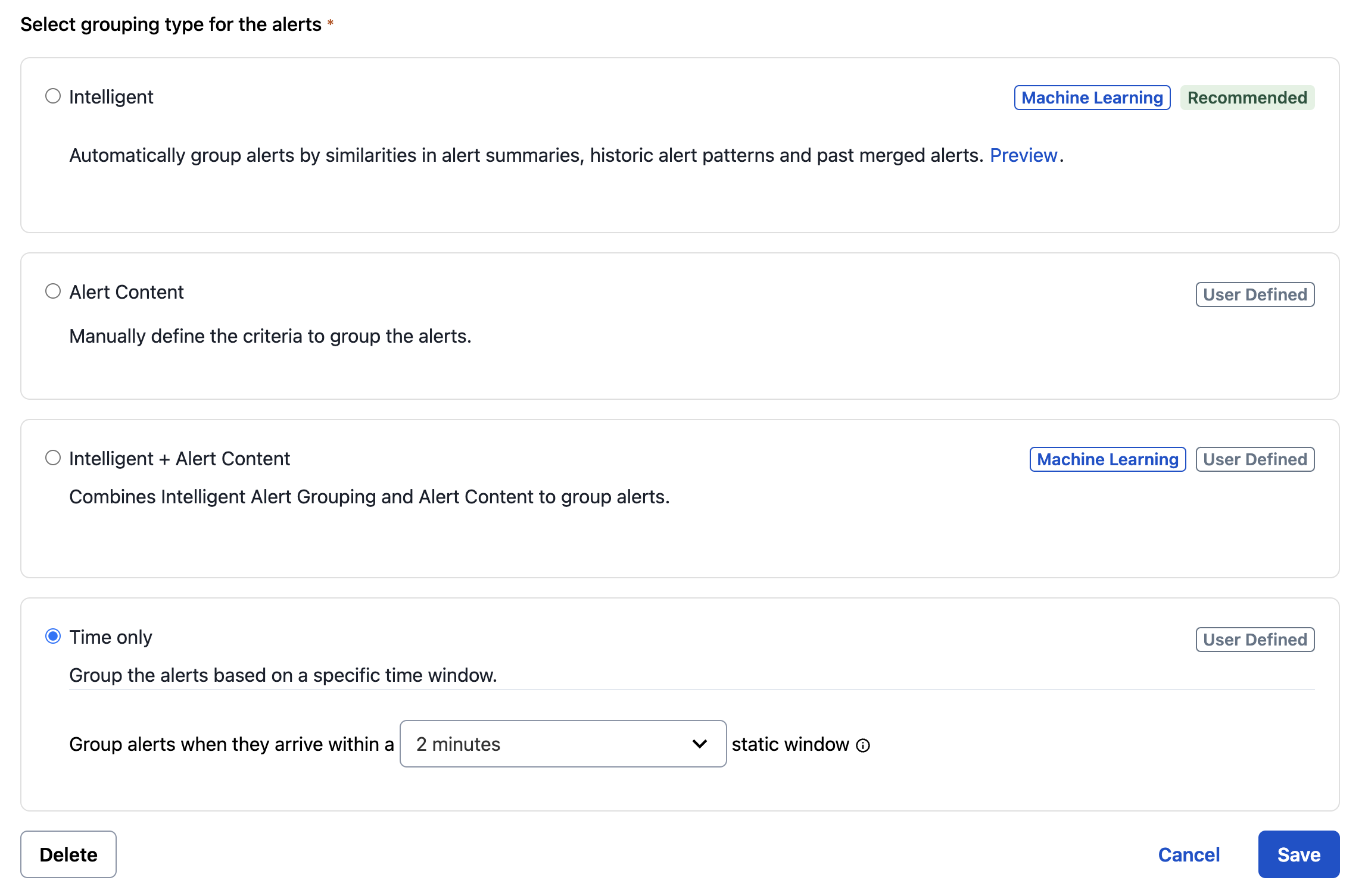 A screenshot of the PagerDuty web app showing how to enable Time-Based Alert Grouping