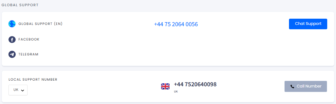 Screenshot of the Global Support section
