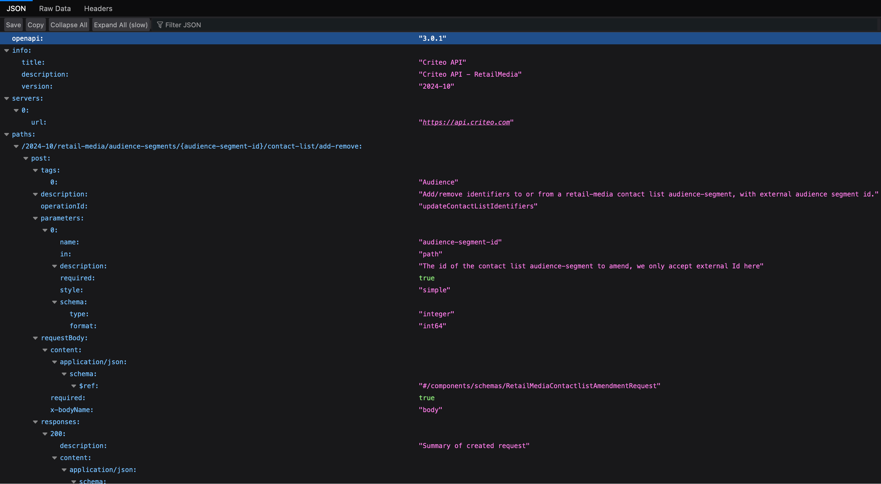 The OpenAPI spec corresponding to the example URL above (2024-10 version, for retail media)