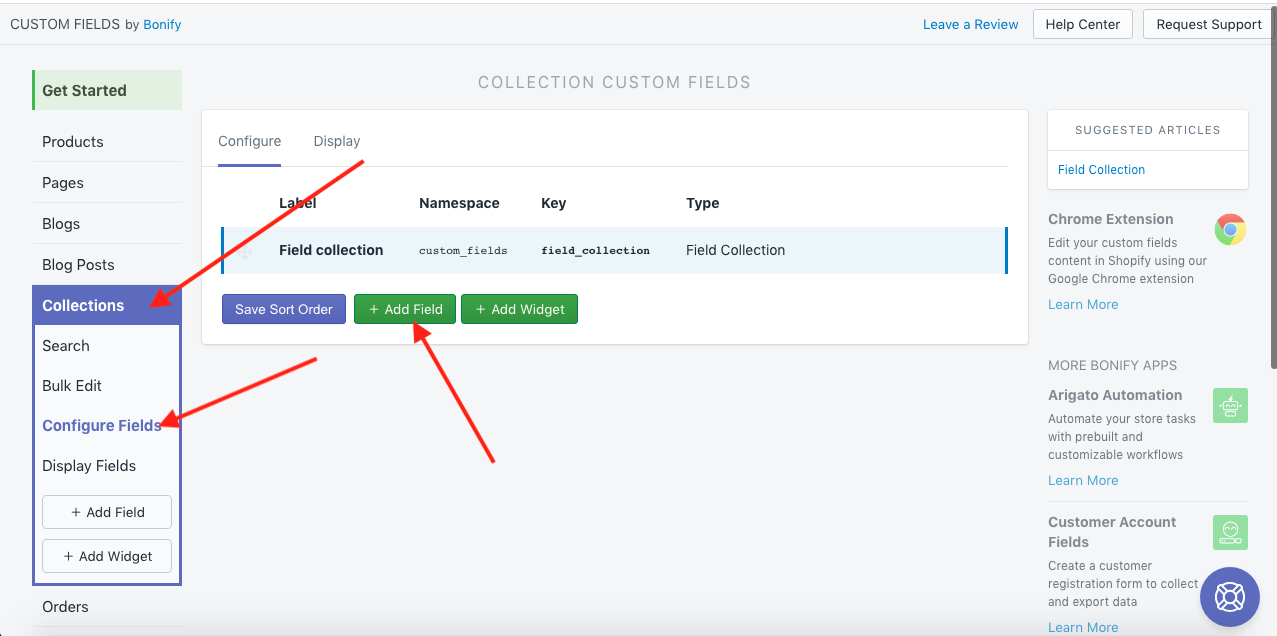 Enter the app & select 'Add Field' in the collection configurations.