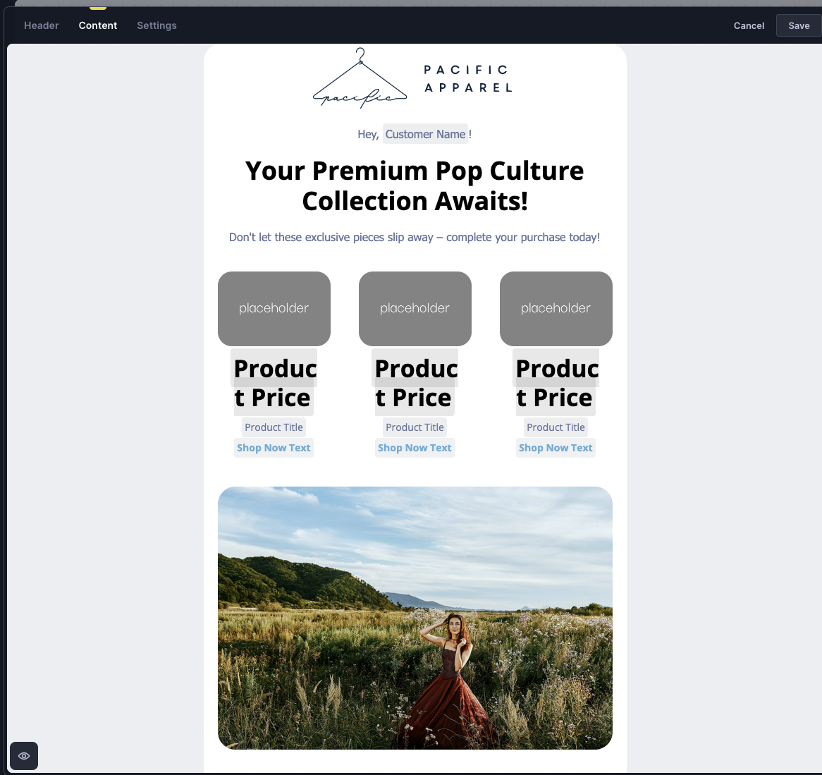 Product block in visual editor showing personalization placeholders