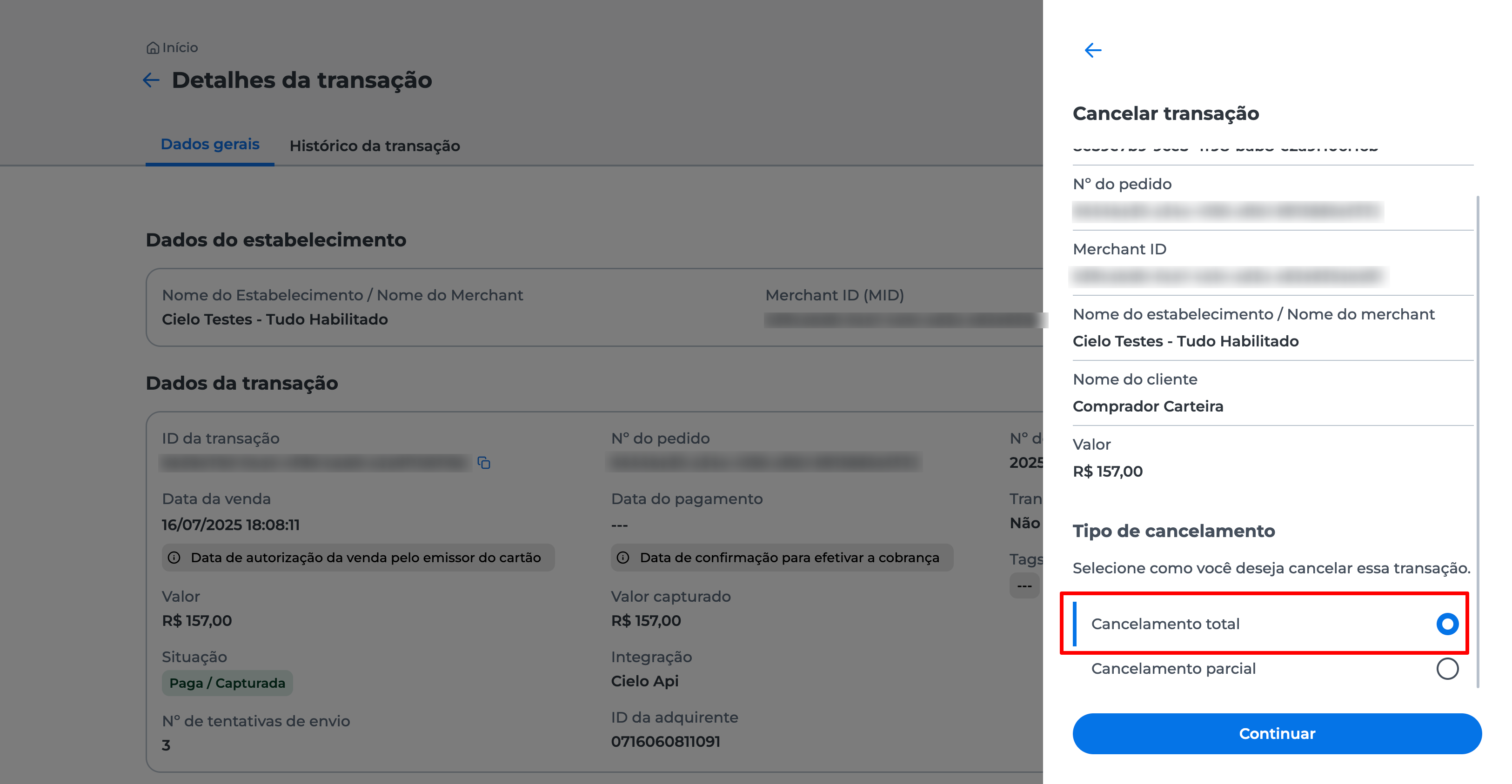 Janela com opções de cancelamento visível. A opção "Cancelamento total" está selecionada, indicando que o valor completo da transação será cancelado. Um botão "Continuar" está destacado para prosseguir com a operação.