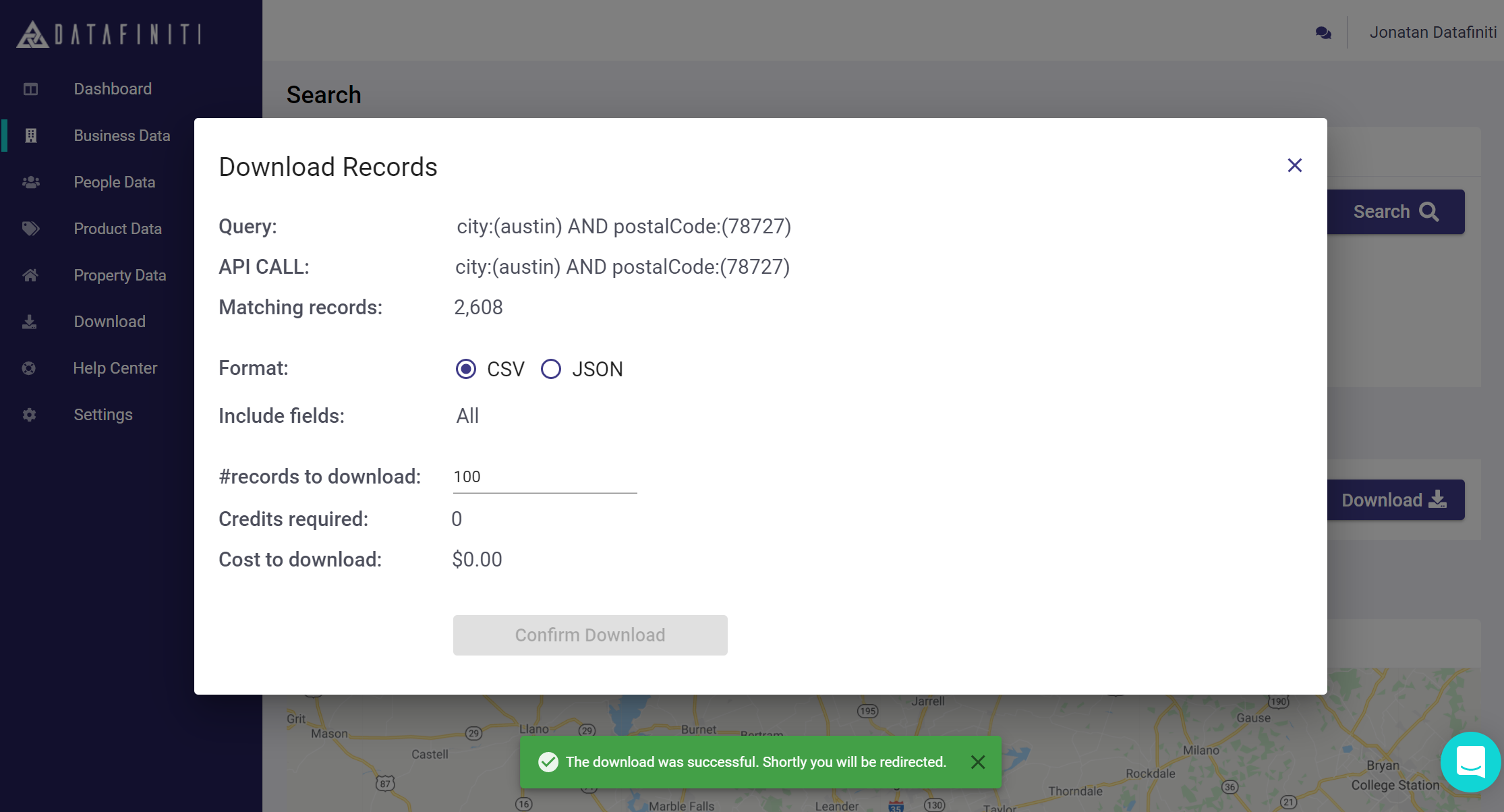 After you submit your download, you'll see the "Green box" prompt telling you that you will be redirected shortly to the downloaded results page.