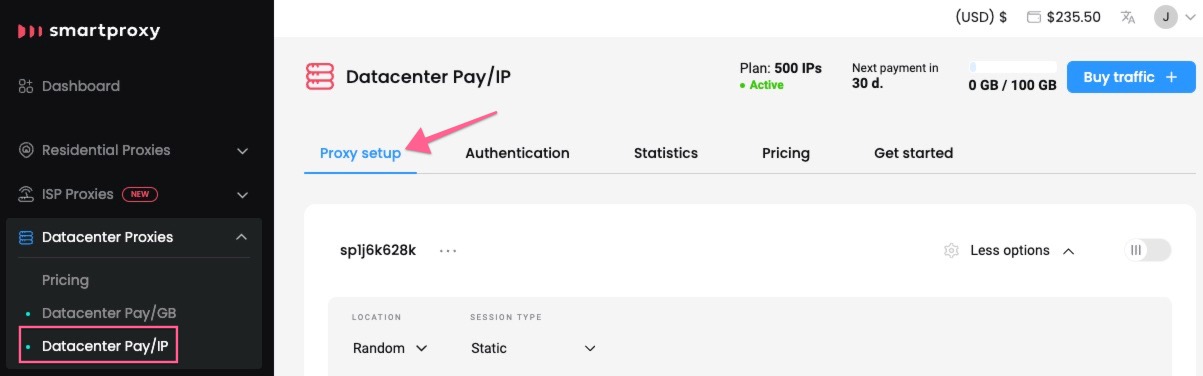 The Proxy setup section.