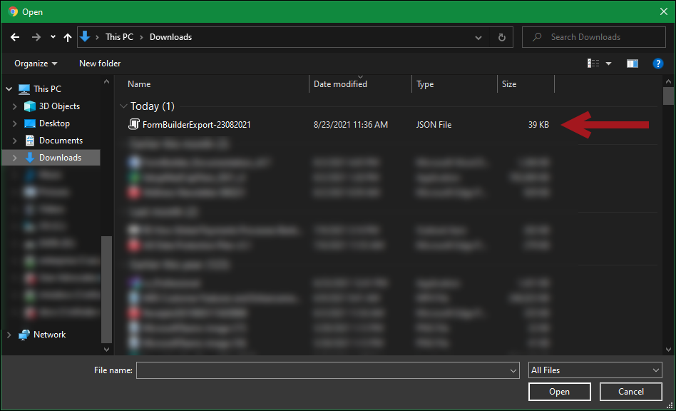 Selecting the form to import