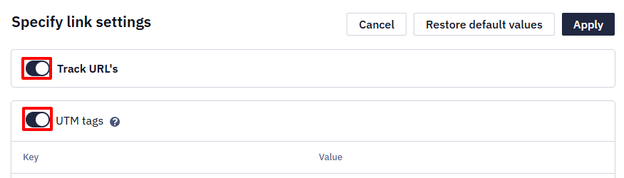 Track URLs and UTM tags switches enabled in Mobile Push advanced settings