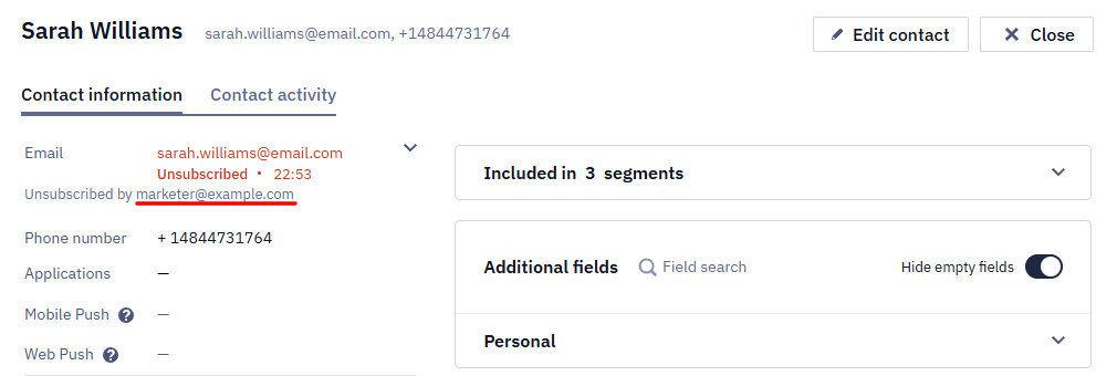 Contact information tab with the Unsubscribed by field underlined in red, showing the user who unsubscribed the contact
