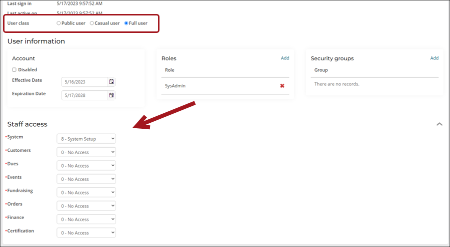 Staff access area to show the module authorization levels