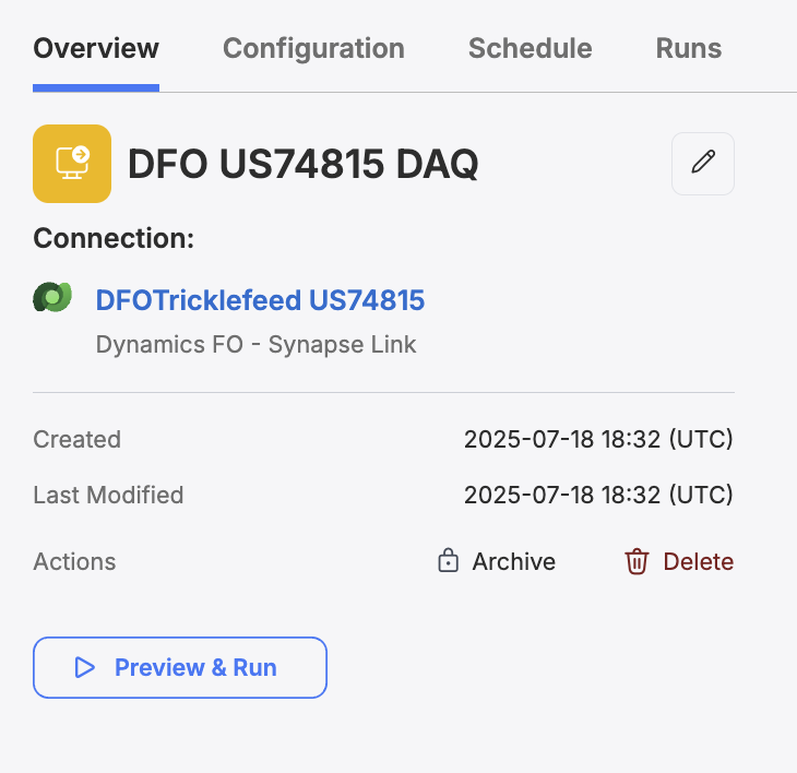 The Preview & Run button located on the Overview tab for a Task.