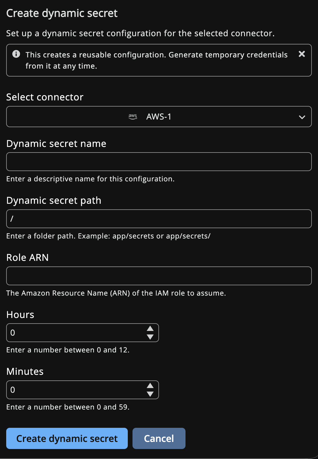 Create Dynamic Secret panel with an AWS connector selected, showing Name, Role ARN, and Duration fields.