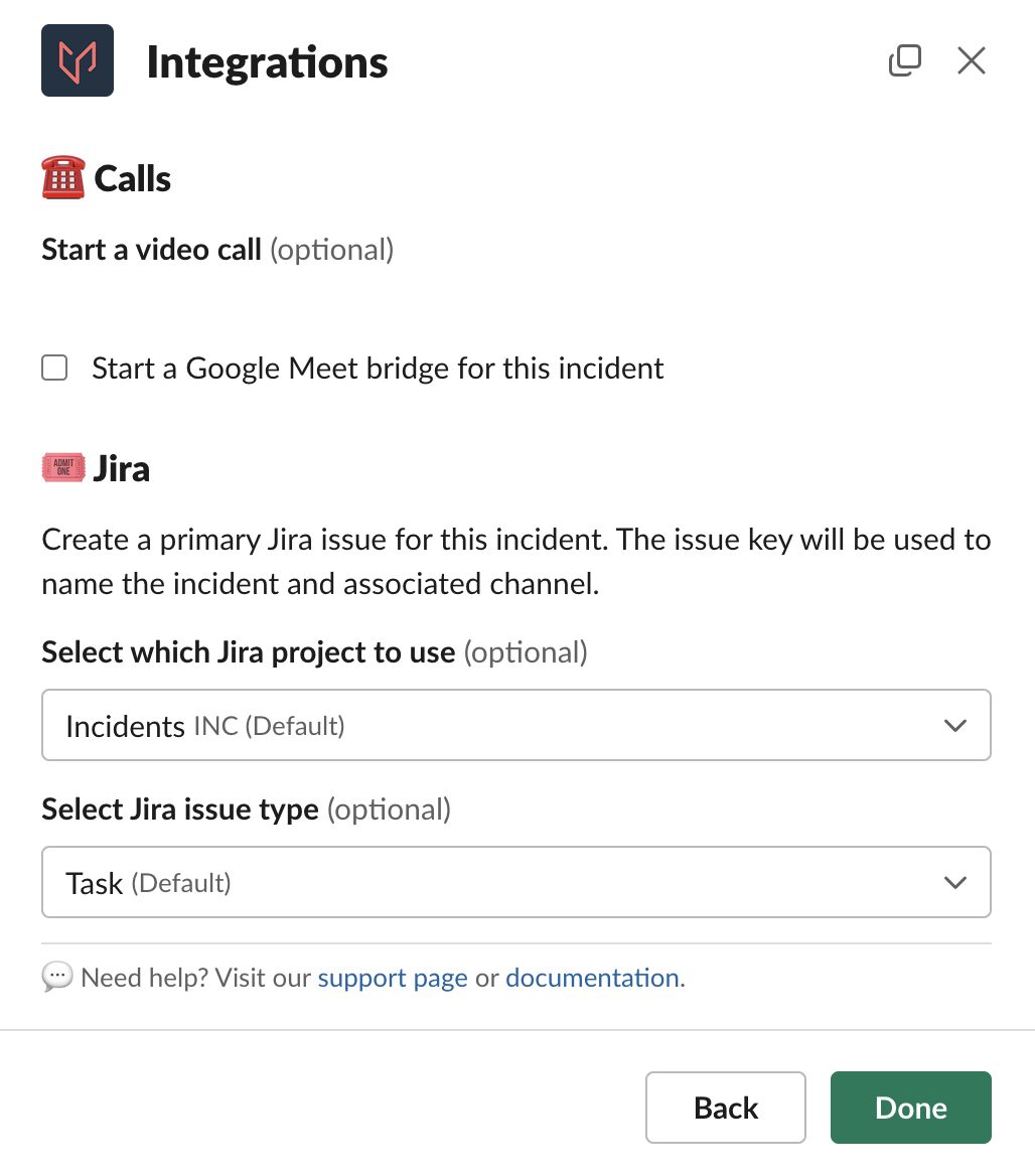 A screenshot of the Slack UI indicating how to add a Google Meet bridge when opening a Jeli incident