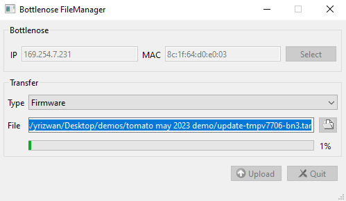 Bottlenose utility showing the progression of a firmware upgrade