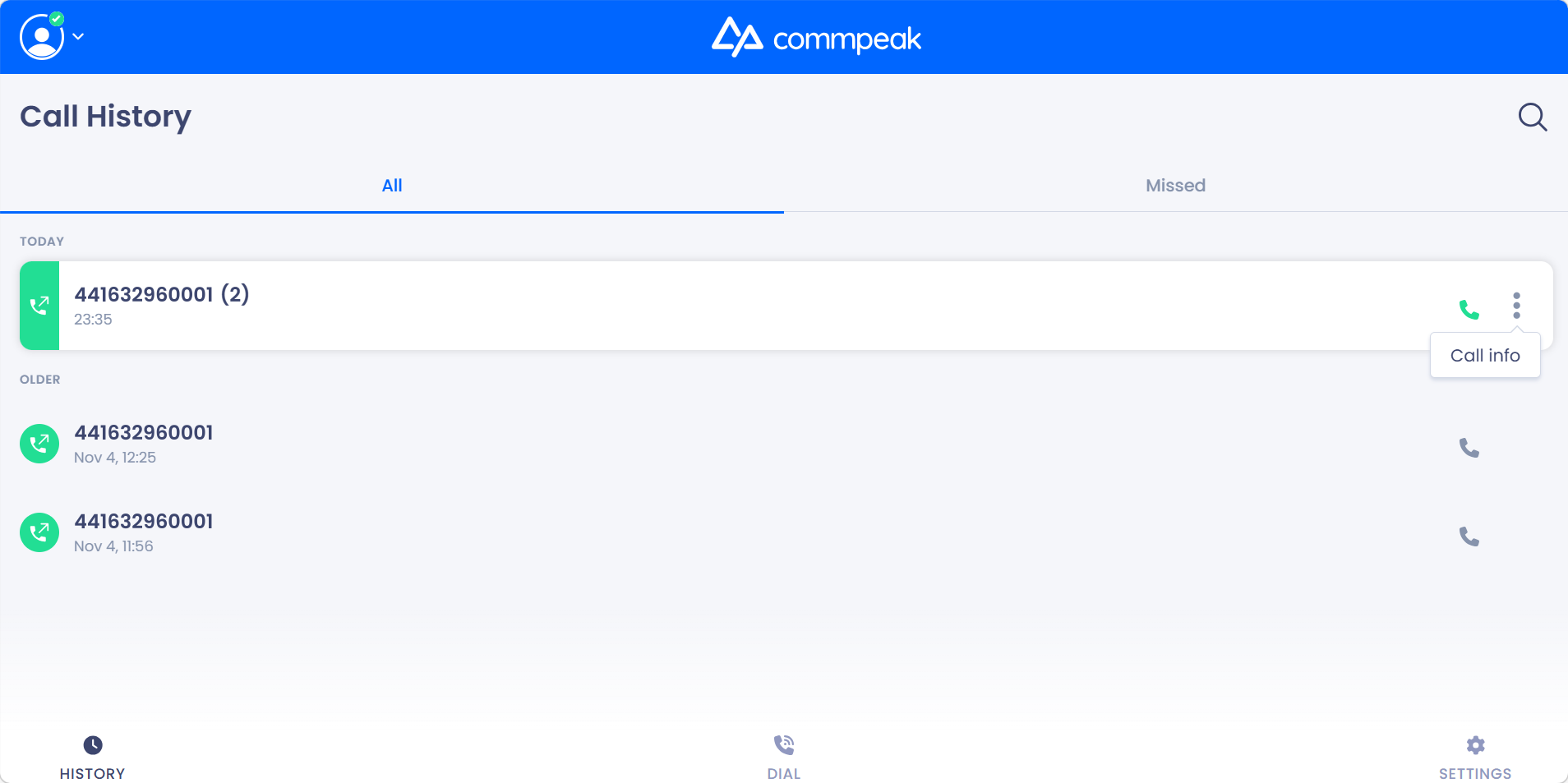 Screenshot of the Call info button