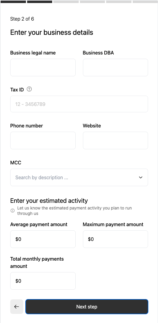 Updated Onboarding component with clearer language. Fields for "Average payment amount", "Maximum payment amount" and "Total monthly payments amount".