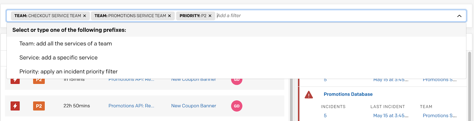 A screenshot of the PagerDuty UI detailing filtering options