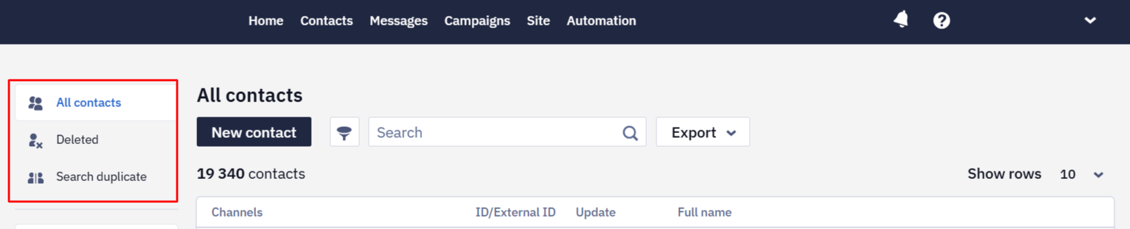 Contact filters menu with All contacts, Deleted, and Search duplicates options