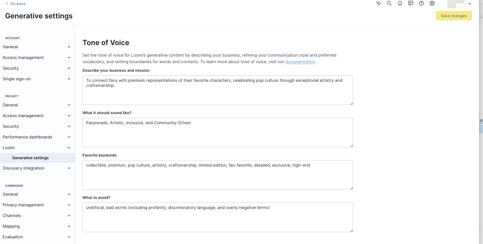 Bloomreach Engagement Project settings panel displaying brand tone configuration options