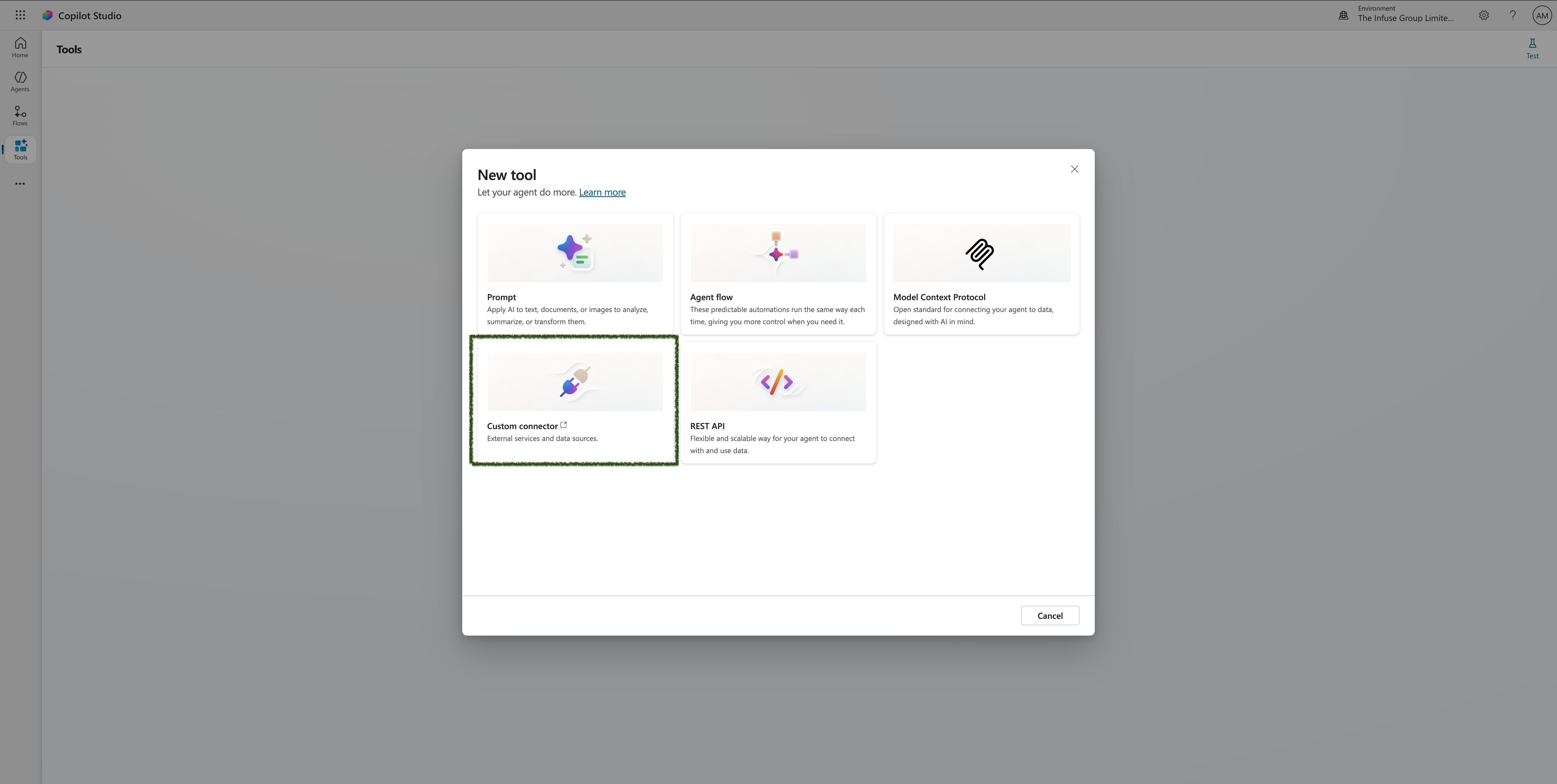 Step 2 – New tool dialog with Custom connector option