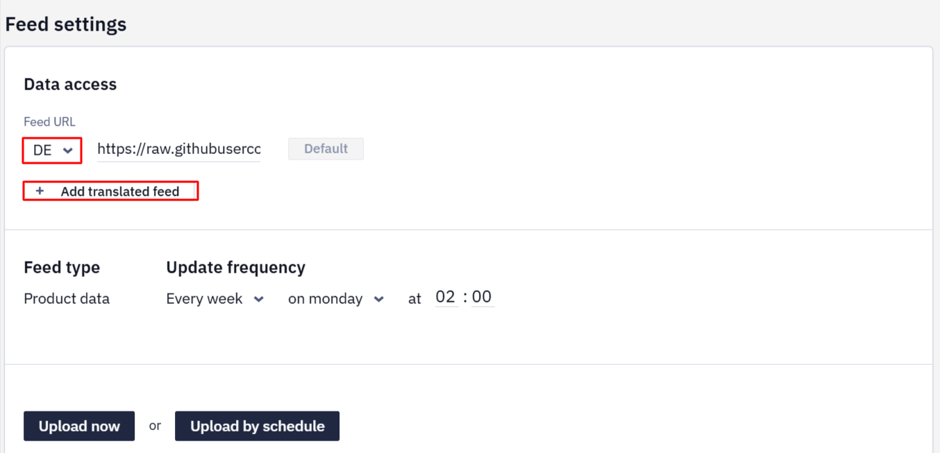 Feed settings window with a selected language and the Add translated feed button