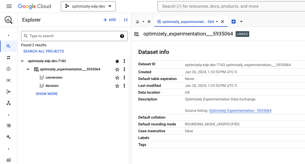 An example Optimizely dataset in the Google Cloud project