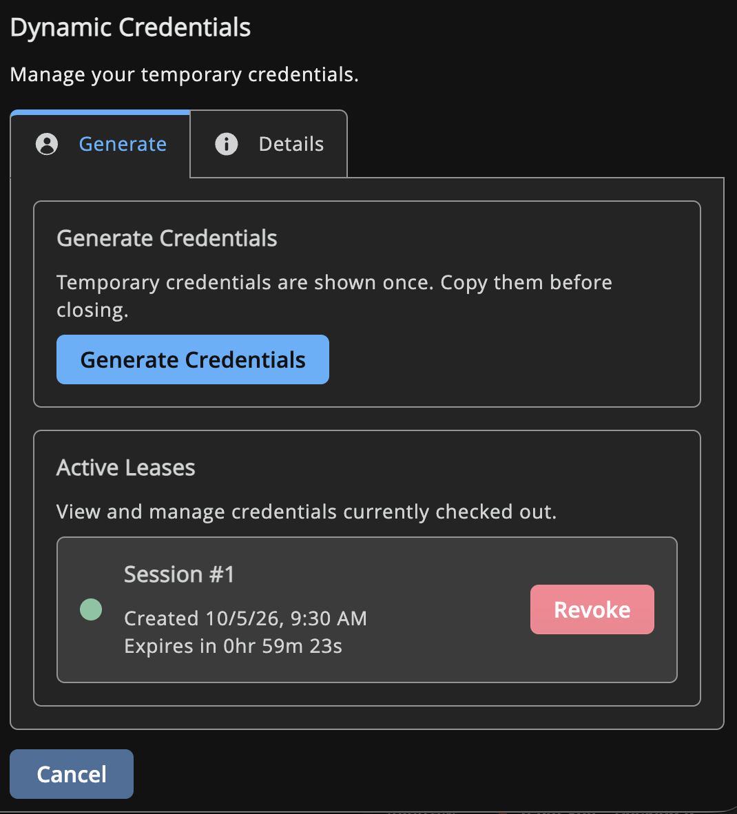 Dynamic Credentials Generate tab showing an active lease with its creation time, expiry countdown, and Revoke button.
