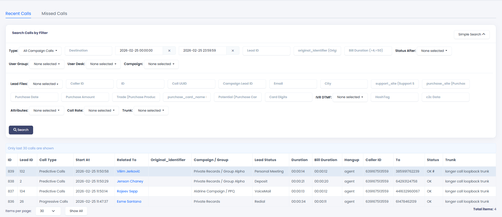 Screenshot of advanced calls logs filters