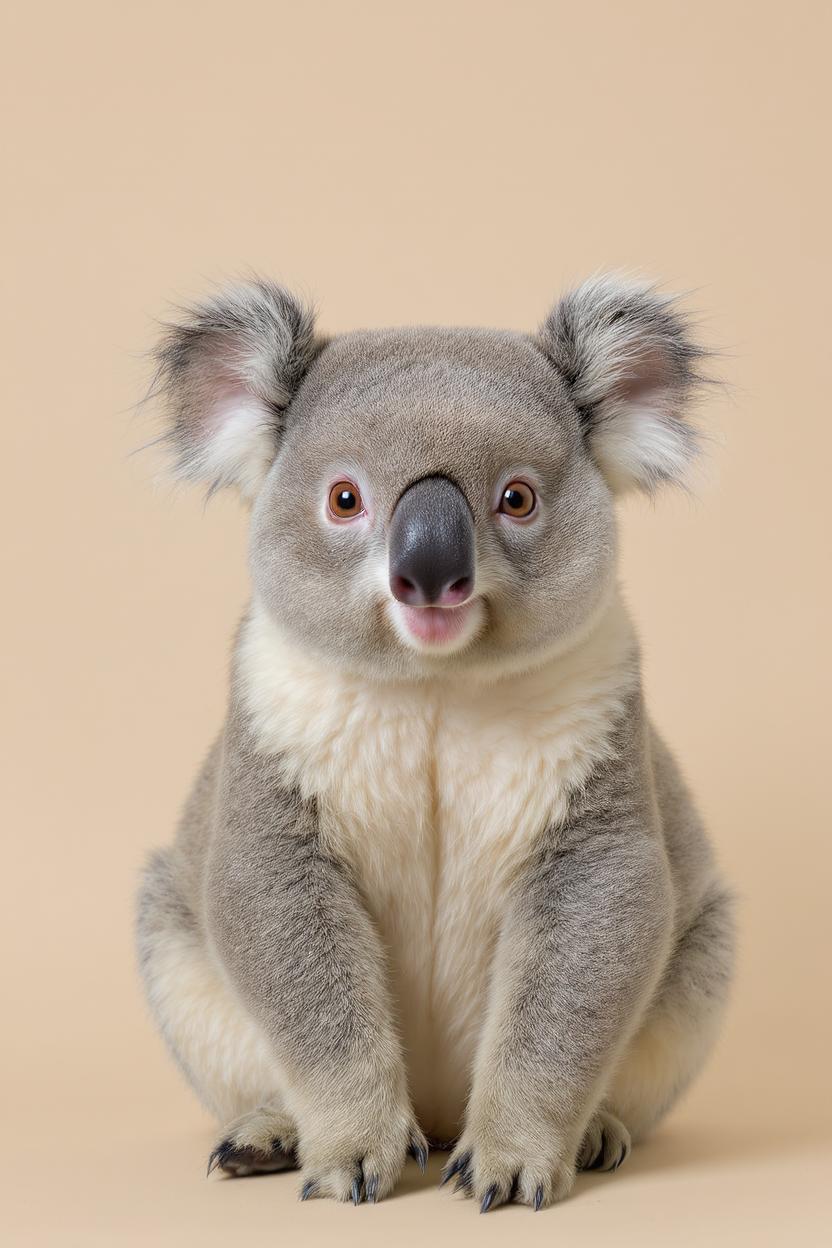 FLUX.1 Kontext [pro] with the prompt "a portrait-style photograph featuring a koala sitting against a neutral beige background. The koala has soft, fluffy gray fur with a lighter patch on its chest and around its nose. Its ears are large and fluffy, adding to its endearing look. The lighting is soft, highlighting the texture of the fur. The overall composition is centered, with the koala directly facing the camera, creating a charming and engaging image