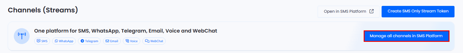 Screenshot of the Manage all channels in SMS Platform button