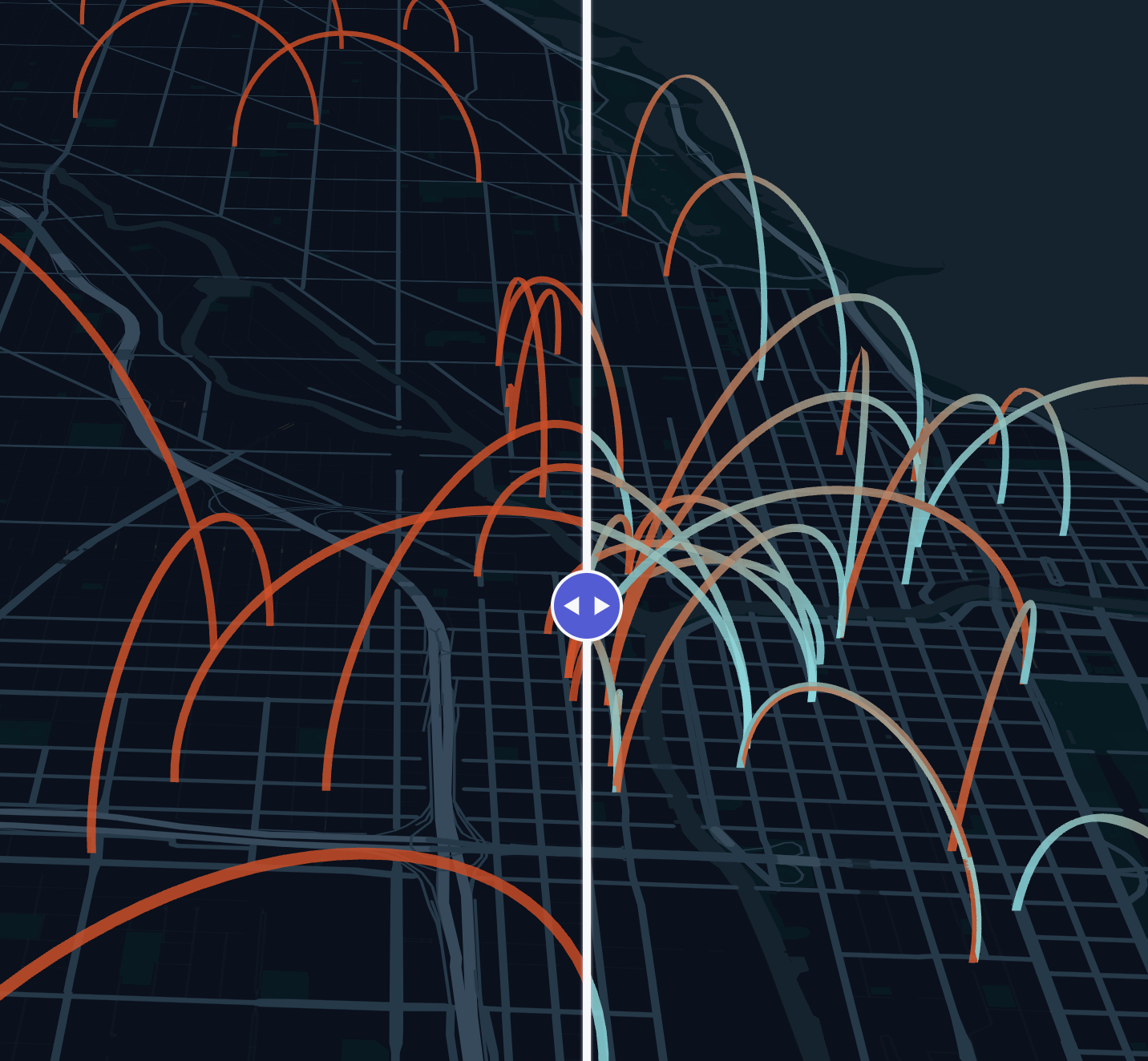 Left: A solid-colored Arc Layer. Right: An Arc Layer colored by origin (blue) and destination (red).