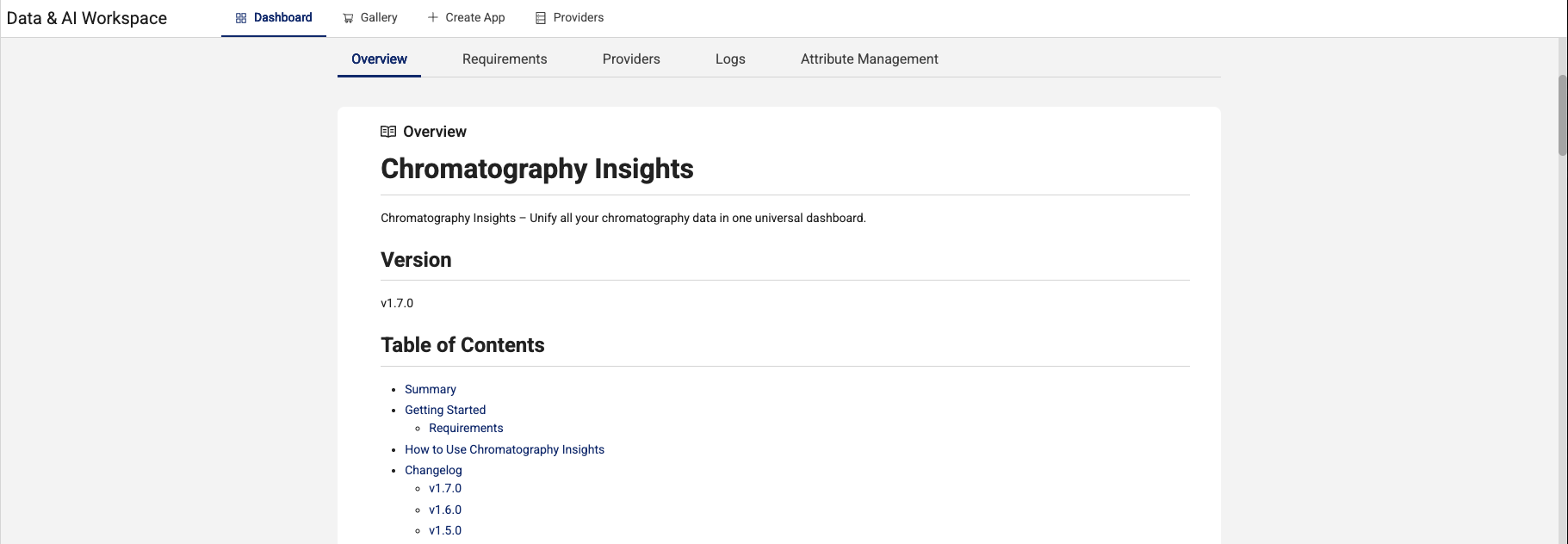 Overview tab for activated app