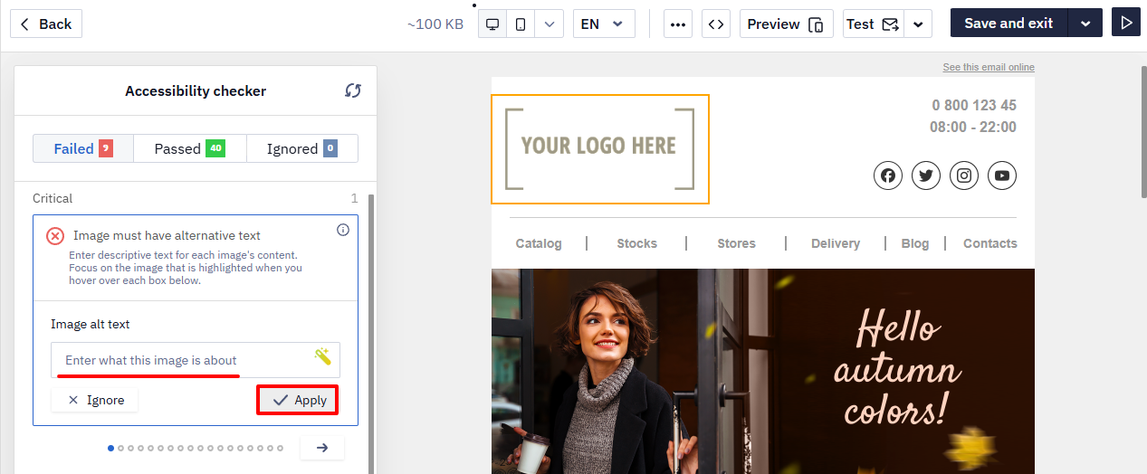Image alt text card with an input field and the Apply button highlighted