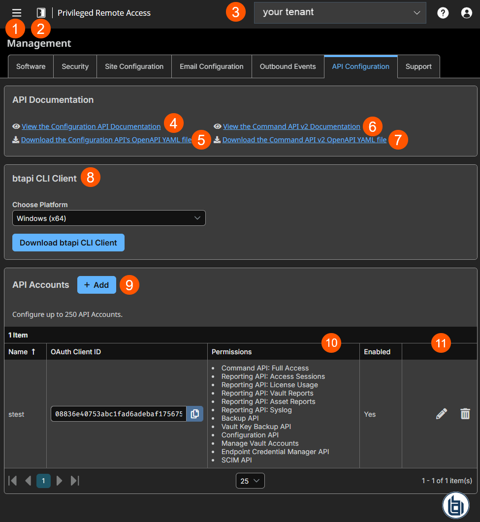 An image of a management interface for API configuration. The interface includes options for enabling XML APIs, viewing API documentation, and downloading the btapi CLI client. It also features a section for managing API accounts, including a button to add new accounts and a list of existing accounts with details such as OAuth Client ID, permissions (e.g., Reporting API: Vault Reports and Configuration API), and enabled status. Edit and delete options are available for each account.