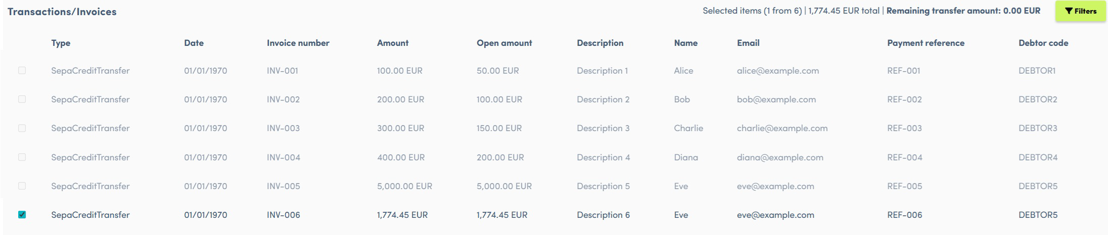 Selection limit reached remaining transfer amount shows 0.00 EUR