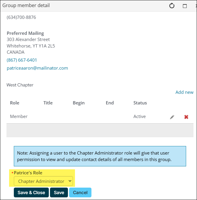 Using the group member detail window to define the chapter administrator role
