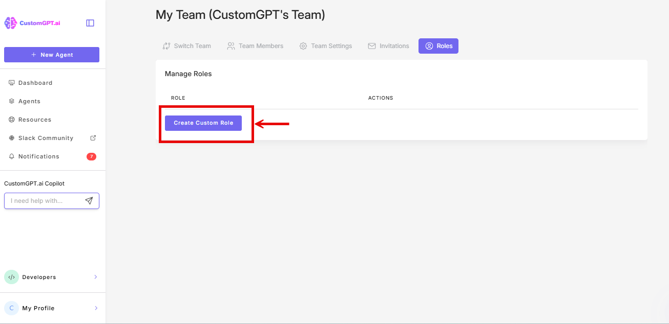 Screenshot: Create Custom Role button on the Roles tab