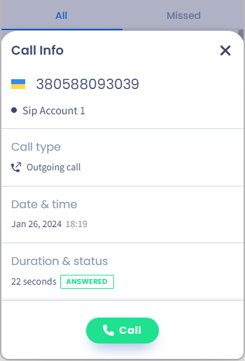 Screenshot of the **Call Info** screen