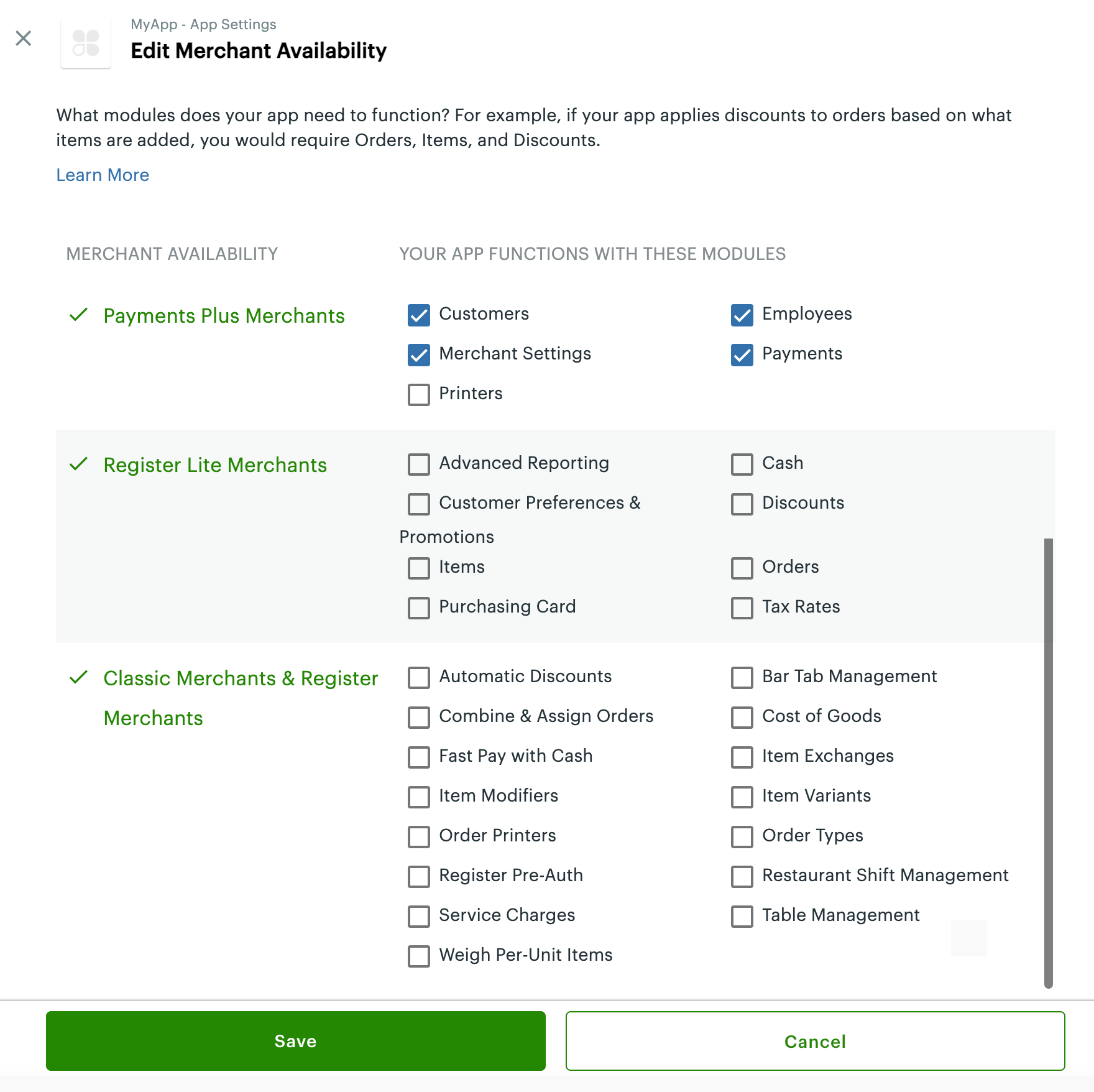 Edit Merchant Availability page