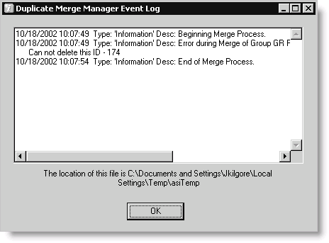 Example of Duplicate Merge Manager Event Log window after a Merge process in which an error occurred