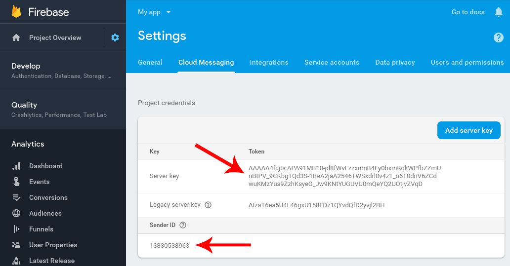 <br>In your Firebase project console, click the *gear icon* (⚙️) and select *Project settings* and go to the *Cloud Messaging* tab.