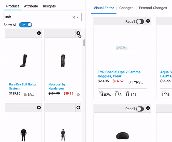 As shown in the example above, boosting the product using the left-side search panel adds the product to the recall. The products that are already part of the recall are marked with the **“Already in Recall”** label on the left-side panel.