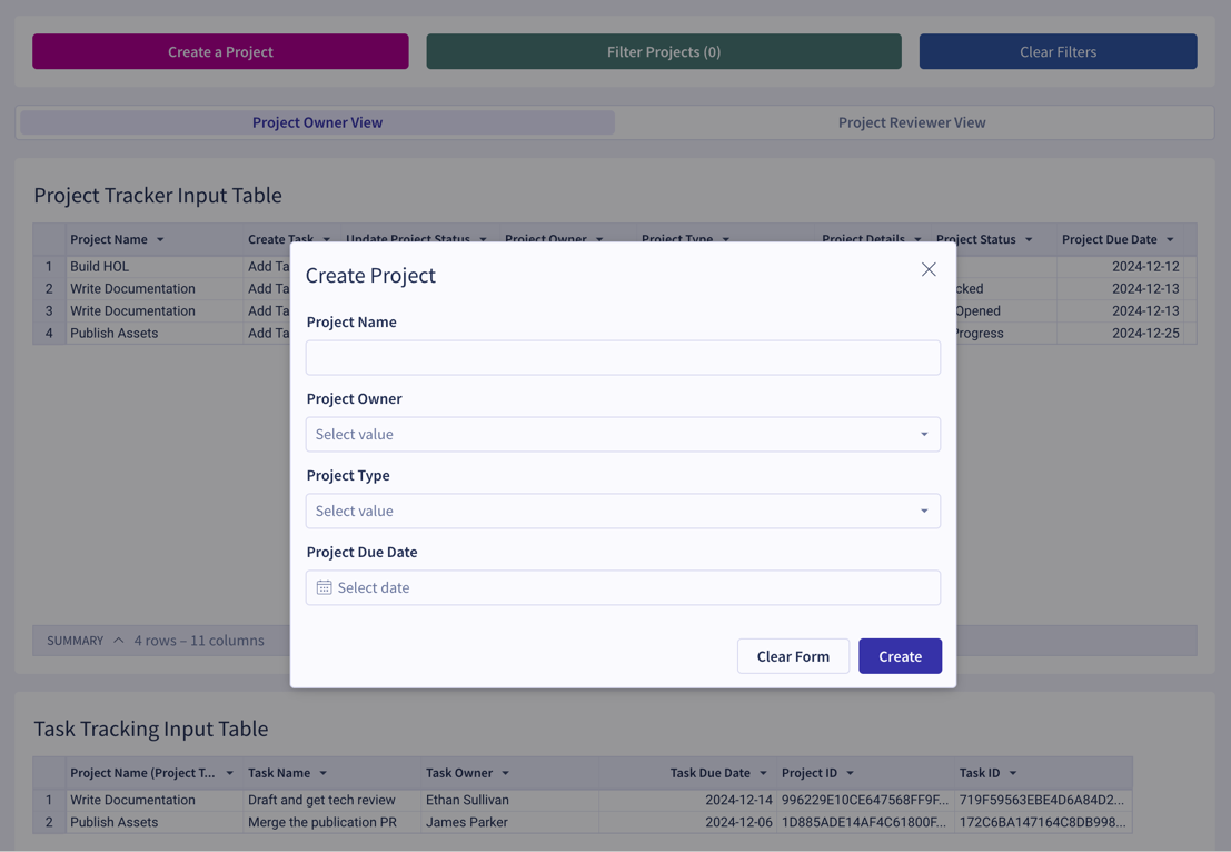 Modal titled Create Project with 4 input controls for project name, project type, project status, and project due date shown overlaying a workbook page called project status tracker