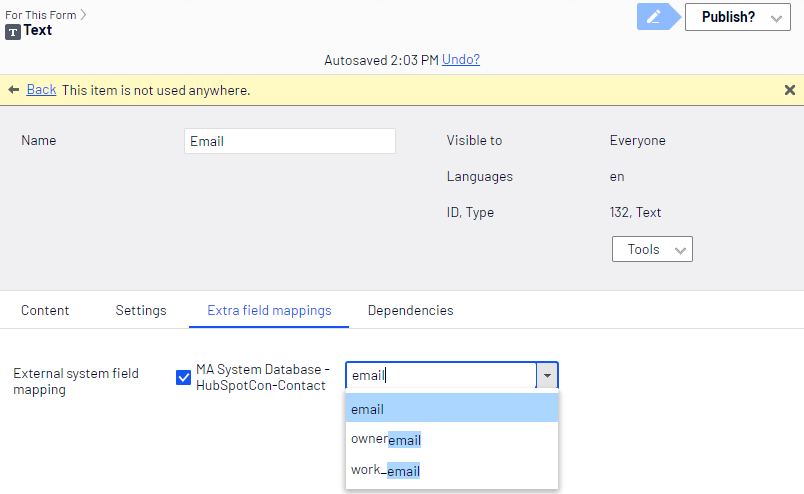 Screenshot of the Extra field mappings tab where filtering and mapping a form field to HubSpot email database fields