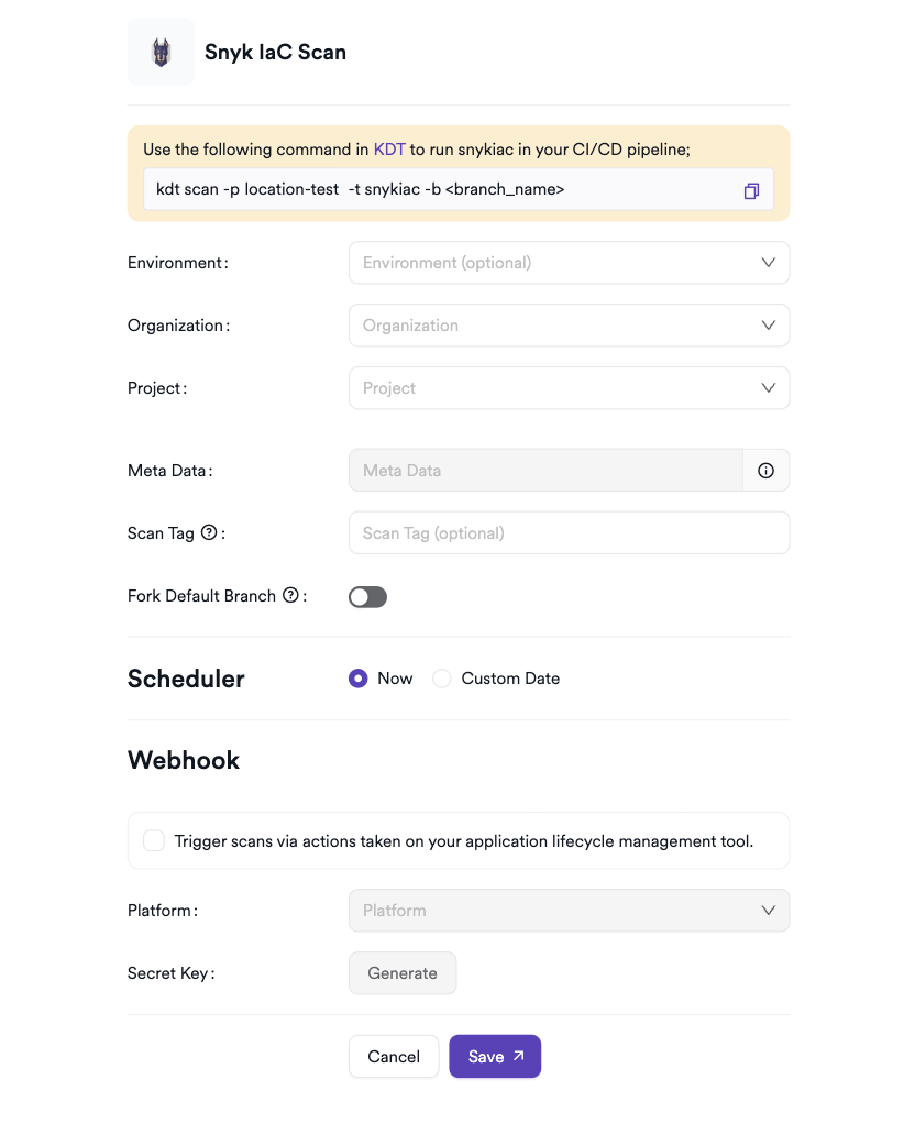 Snyk IaC scan creation