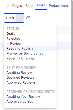 Screenshot of the Tasks panel where filtering content items by status to monitor the publishing process