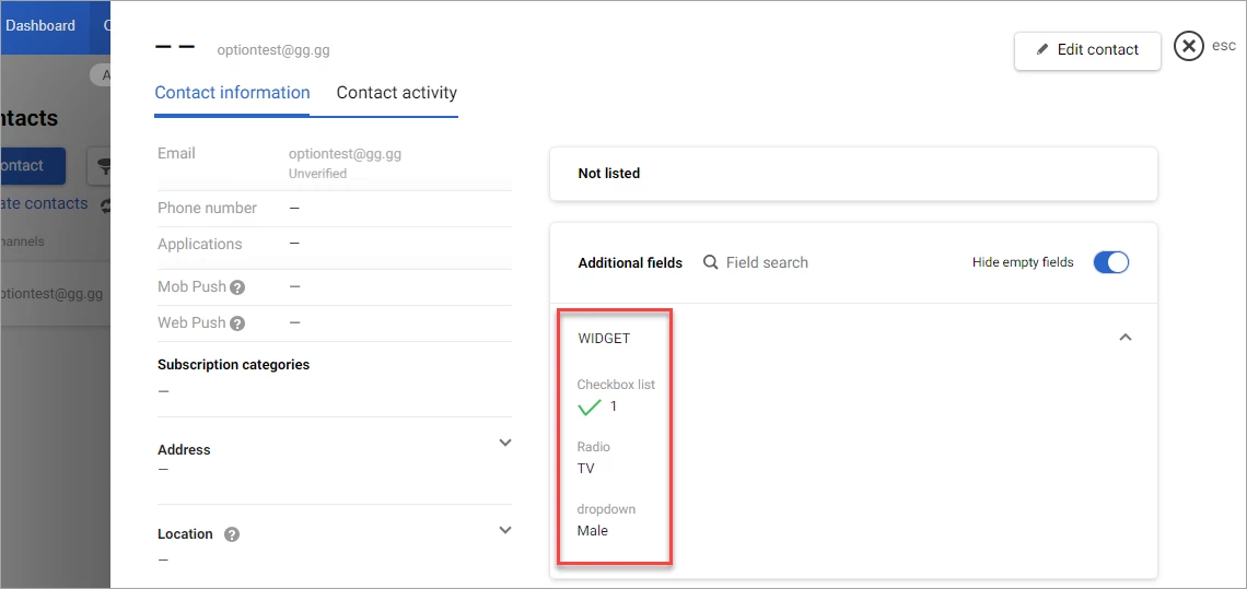 Stored data in contact fields