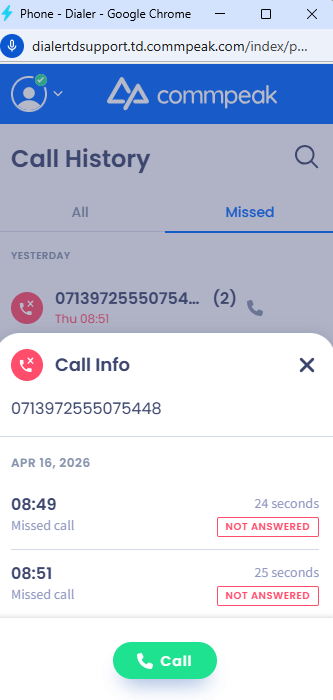 Screenshot of the Call Info screen