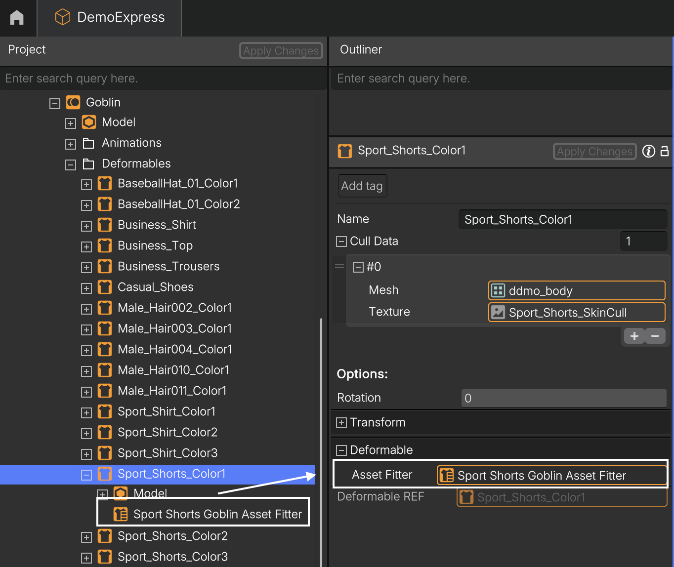Custom Asset Fitter linked to Deformable.