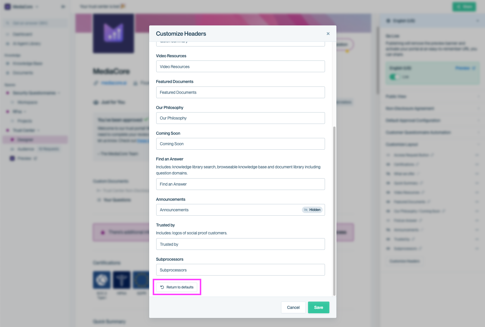 A modal window titled “Customize Headers” is open, showing editable fields for each section header in a Trust Center page, such as “Just for You,” “Badges,” and “What we offer.” At the bottom of the modal, a “Return to defaults” button is highlighted in pink to indicate where users can reset all headers to their default labels.