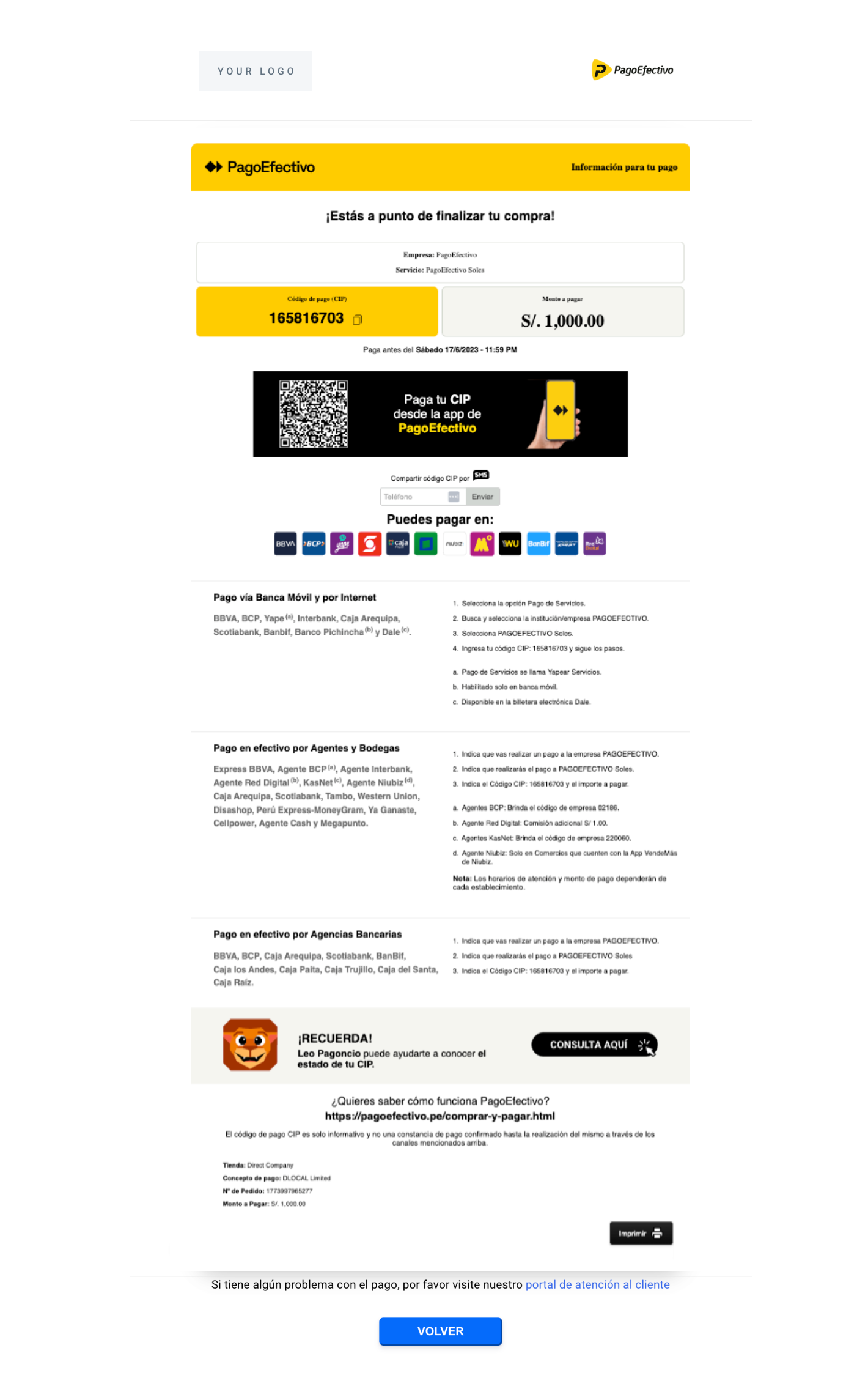 Page Efectivo UI built with the information in the example above.